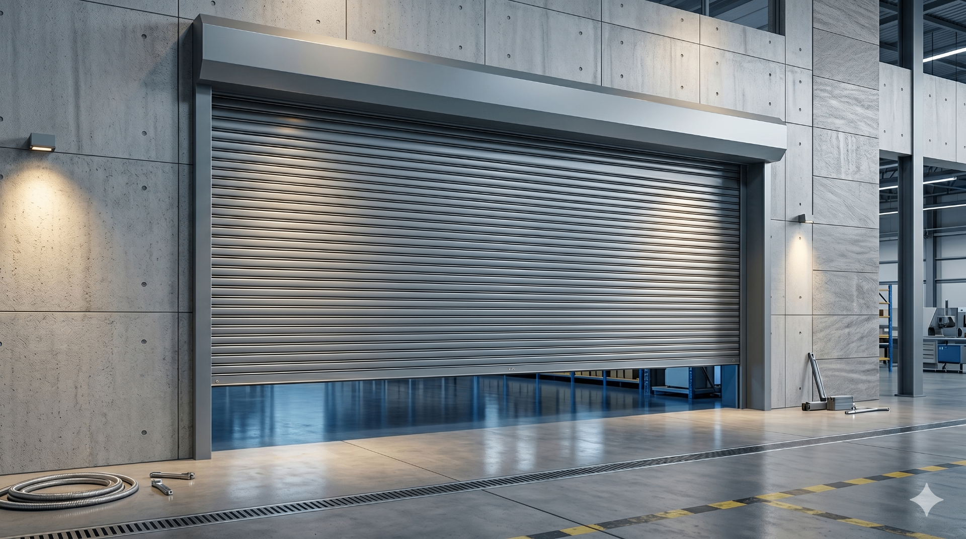 דלת גלילה תעשייתית אפורה גדולה במבנה תעשייתי עם קירות בטון ורצפה מבריקה